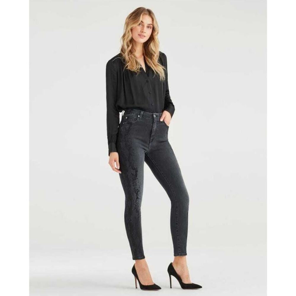 7 For All Mankind 7FAM Luxe Vintage Aubrey Snake Print Black Denim Jeans